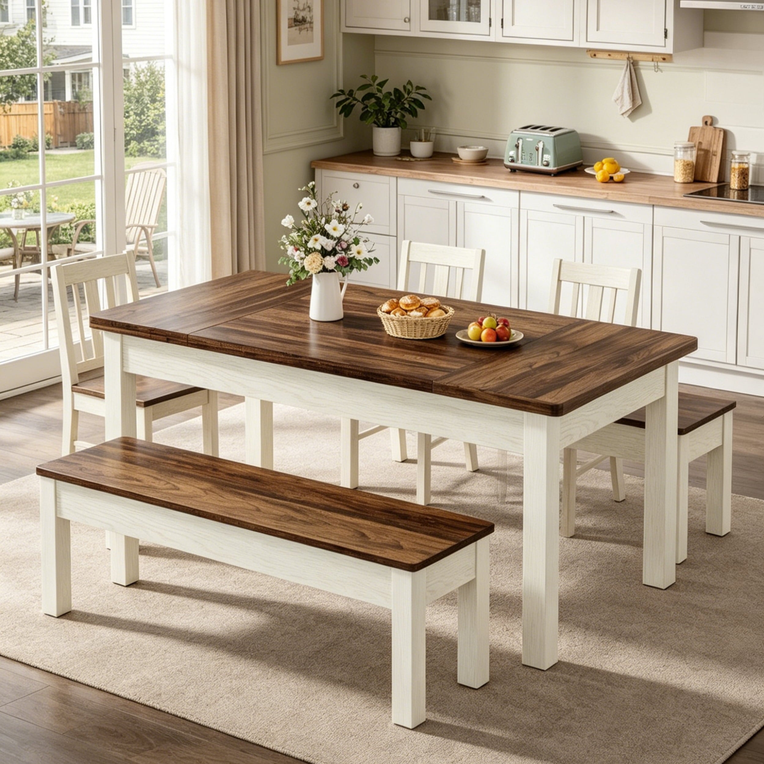 Fnova 3 Pieces Dining Table Set for 4-6 with 2 Benches, 55" Farmhouse Wood Kitchen Table and Space Saving Tuck Under Benches for Kitchen Dining Room,Brown White