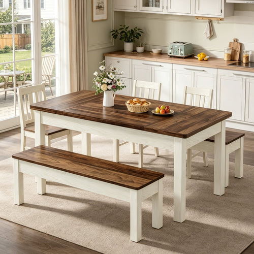 Fnova 3 Pieces Dining Table Set for 4-6 with 2 Benches, 55" Farmhouse Wood Kitchen Table and Space Saving Tuck Under Benches for Kitchen Dining Room,Brown White