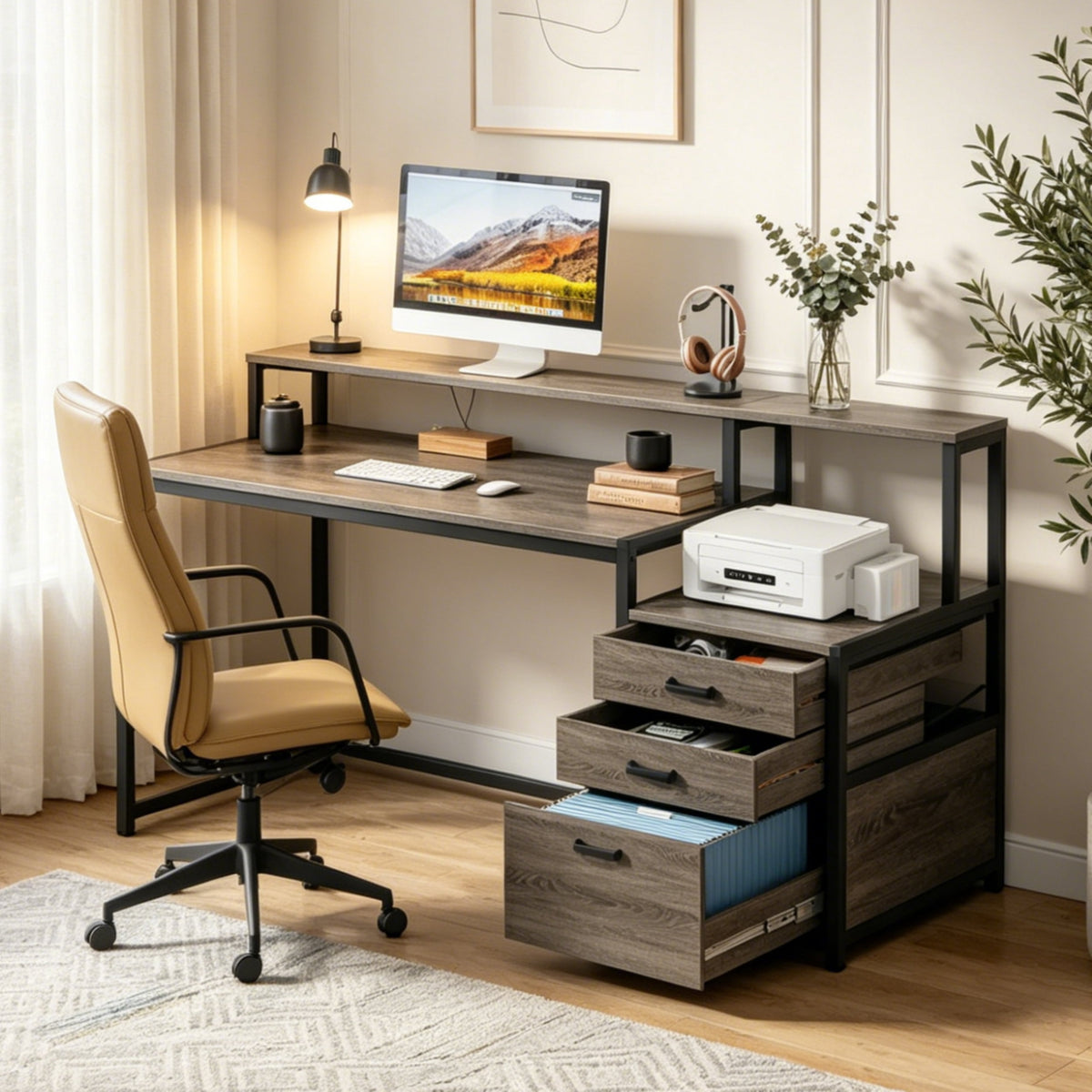 Fnova 63-Inch Computer Desk, Home Office Desk with File Drawer & Monitor Stand, Industrial Workstation Desk, Dual-Tier Desktop with Adjustable Drawer & Storage, for Home Office, Study & Workspace,WM010438_G_US