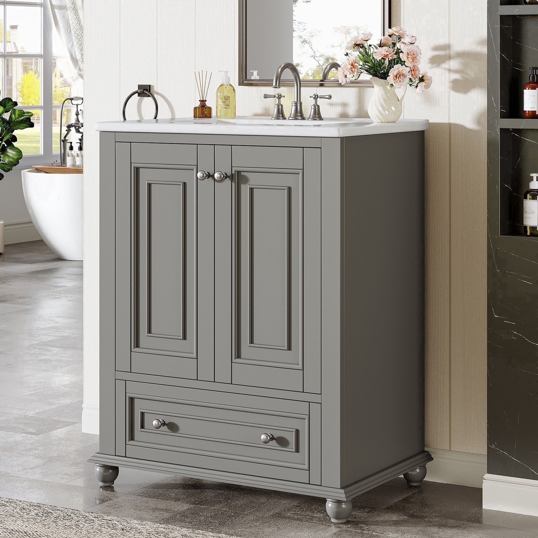 Fnova 24" Bathroom Vanity with Ceramic Sink Combo Freestanding Bathroom Storage Cabinet with 2 Doors 1 Drawer Solid Wood Frame Soft Close Hinges Waterproof Coated Surface for Small Bathroom,24" Gray