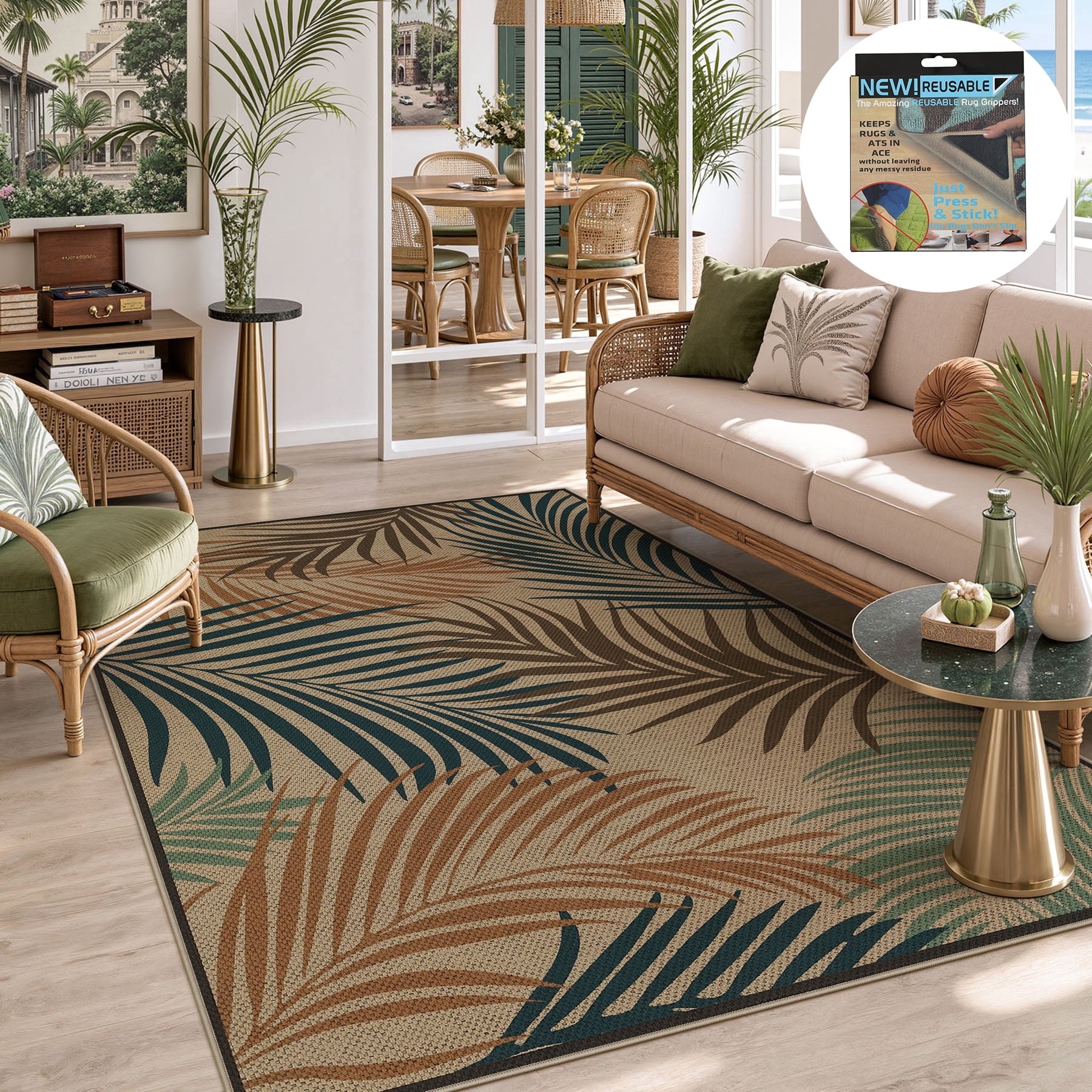 Fnova Tropical Palm Leaf Area Rug, 5'x7' Machine Washable Non Slip Indoor Outdoor Rug for Living Room Bedroom Kitchen Patio, Kid and Pet Friendly Low Pile Carpet,Tropical Palm Leaf,5'x7'