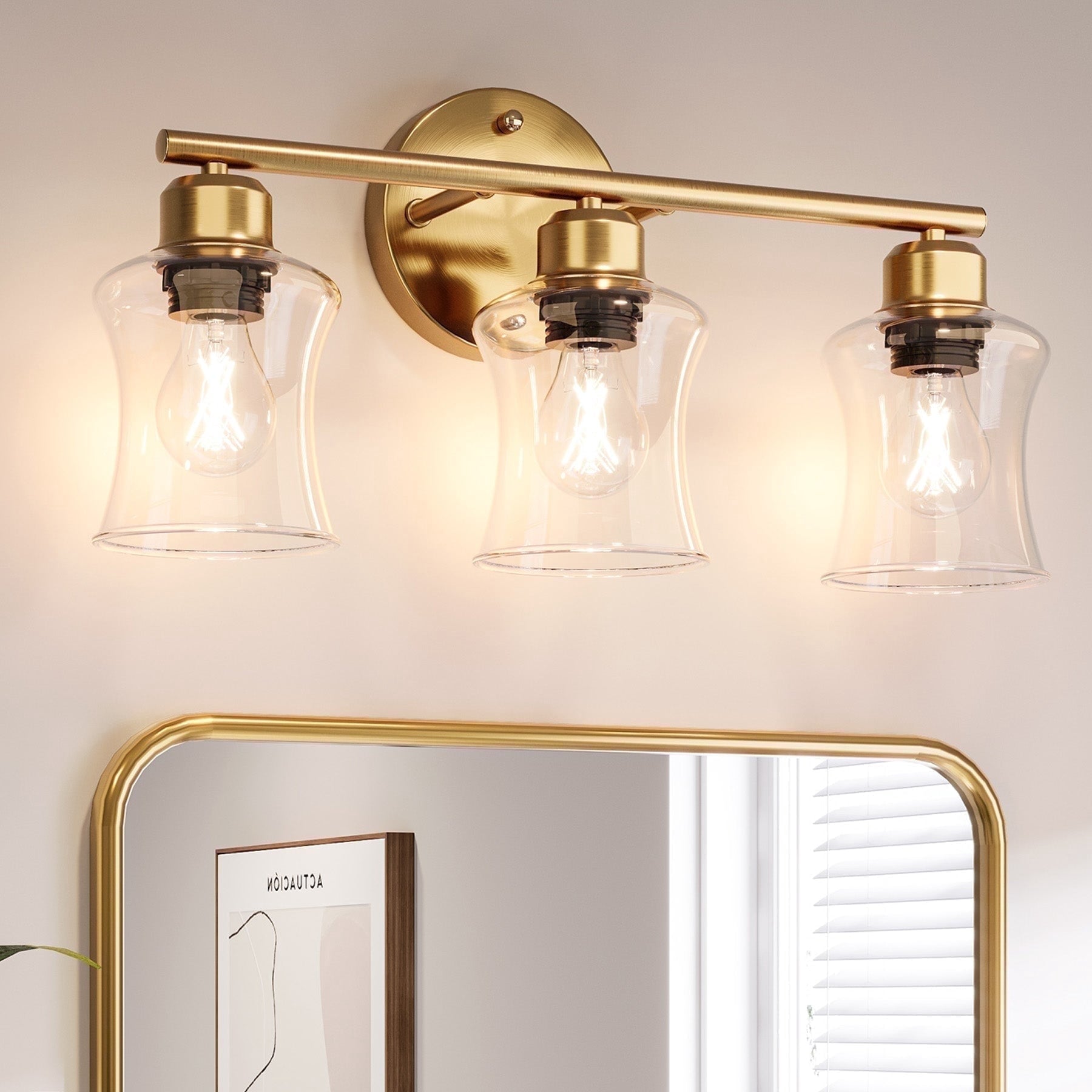 Fnova 3-Light Gold Vanity Lights, Modern Bathroom Light Fixture with Clear Glass Shade, E26 Base (Bulb Not Included),0