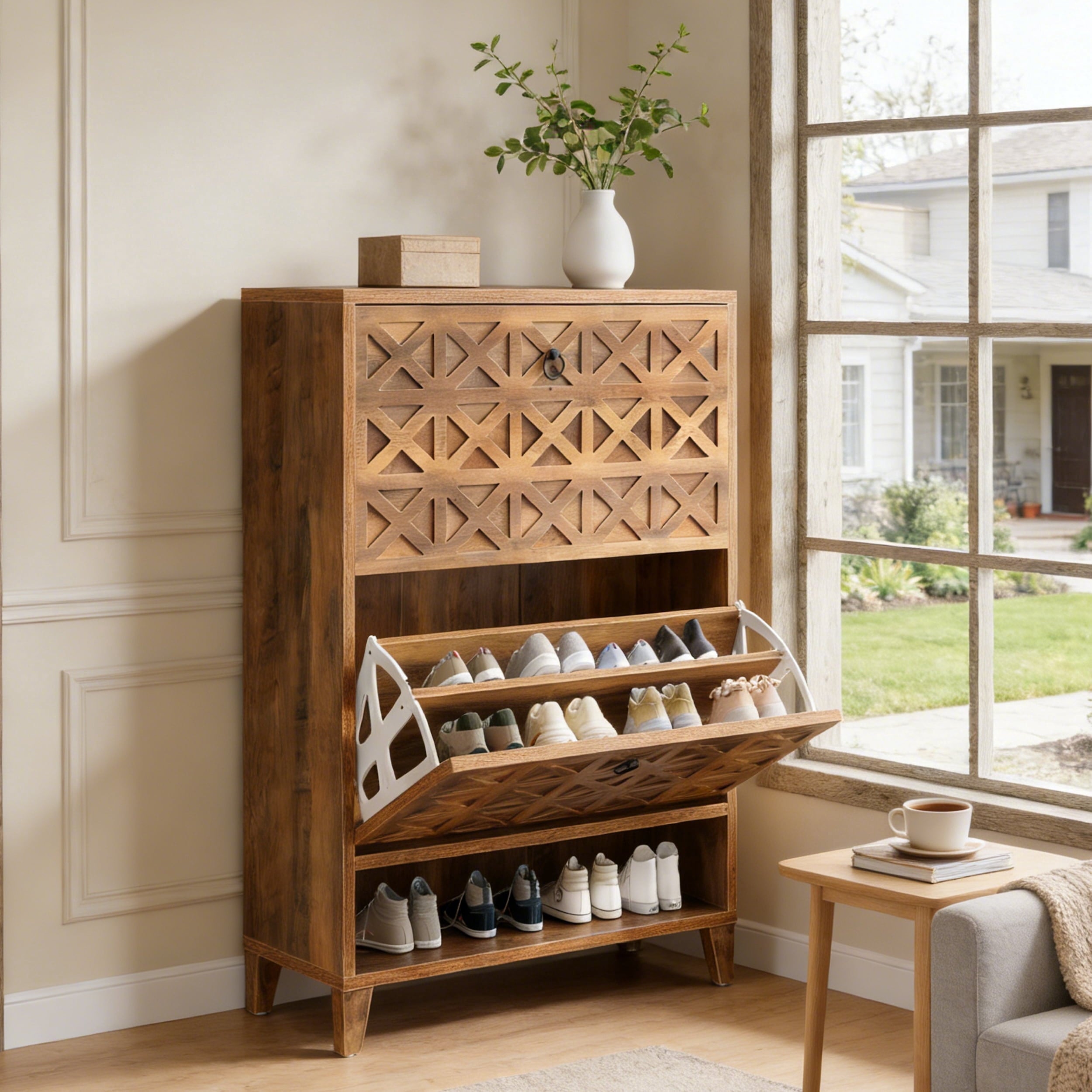 Fnova Narrow Farmhouse Cabinet with 2 Flip Drawers Open Shelf, Side Cabinet, Shoe Storage, 20 Pairs, Easy Assembly for Entryway, Hallway, Living Room, Bathroom,0