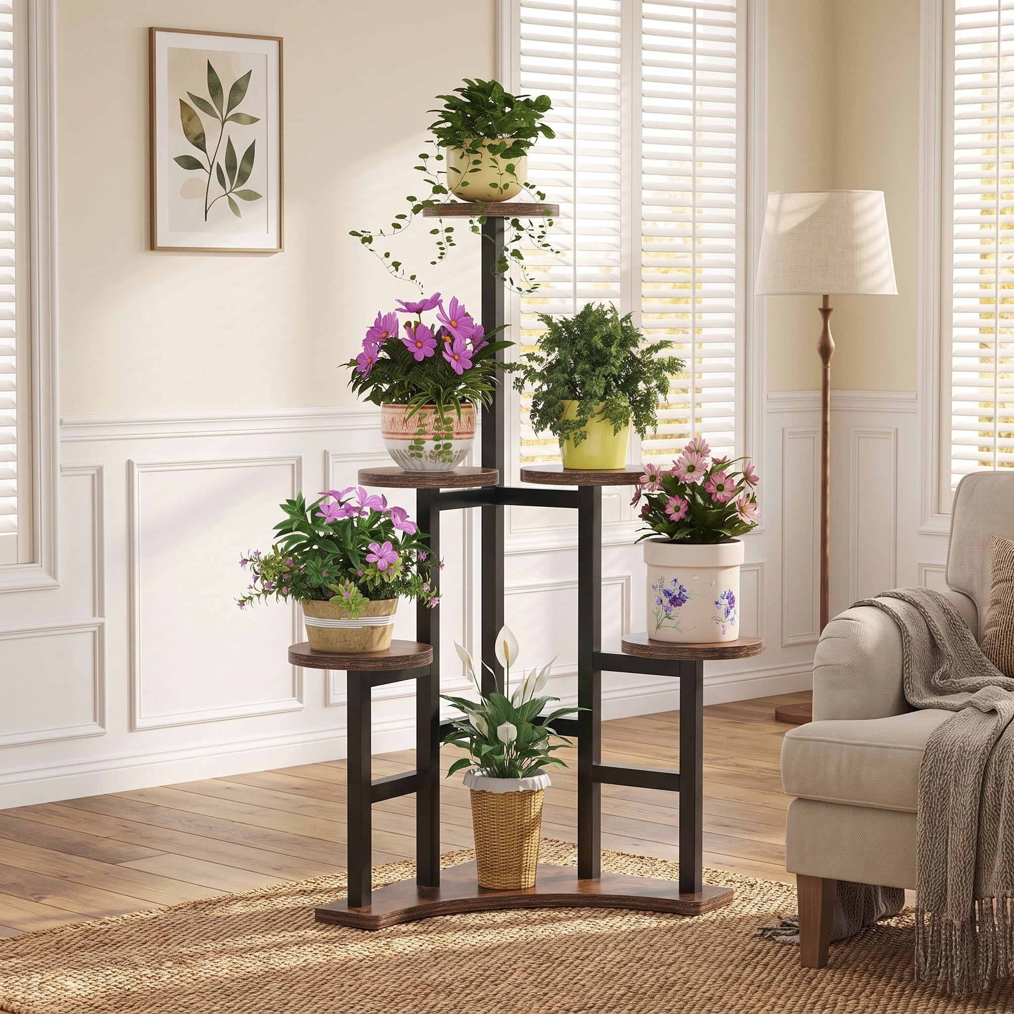 Fnova 5-Tier Corner Plant Stand, Metal Wood Flower Shelf, Tall Multiple Potted Plant Holder Rack for Indoor Outdoor Living Room Balcony Garden Patio,WM010568_BNB_US
