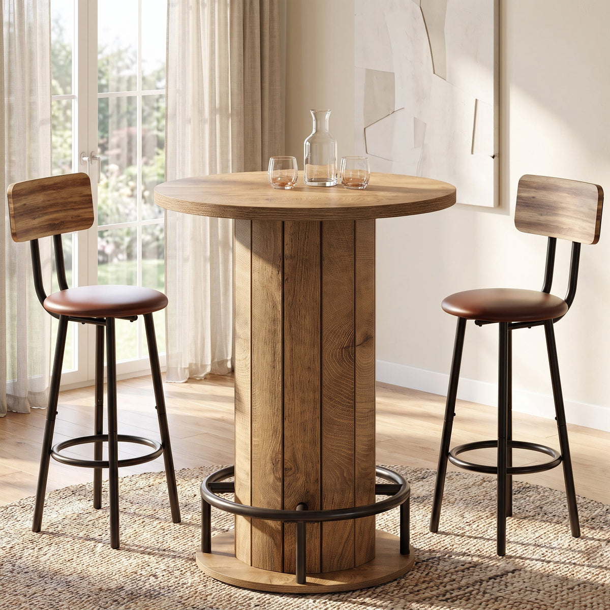 Fnova 39.4-Inch Round Dining Table, Small Circle Kitchen Table with Wood Strip Base and Metal Footrest for Dining Room, Kitchen, Bar, Easy to Assemble,WM010252_LBN_Tables