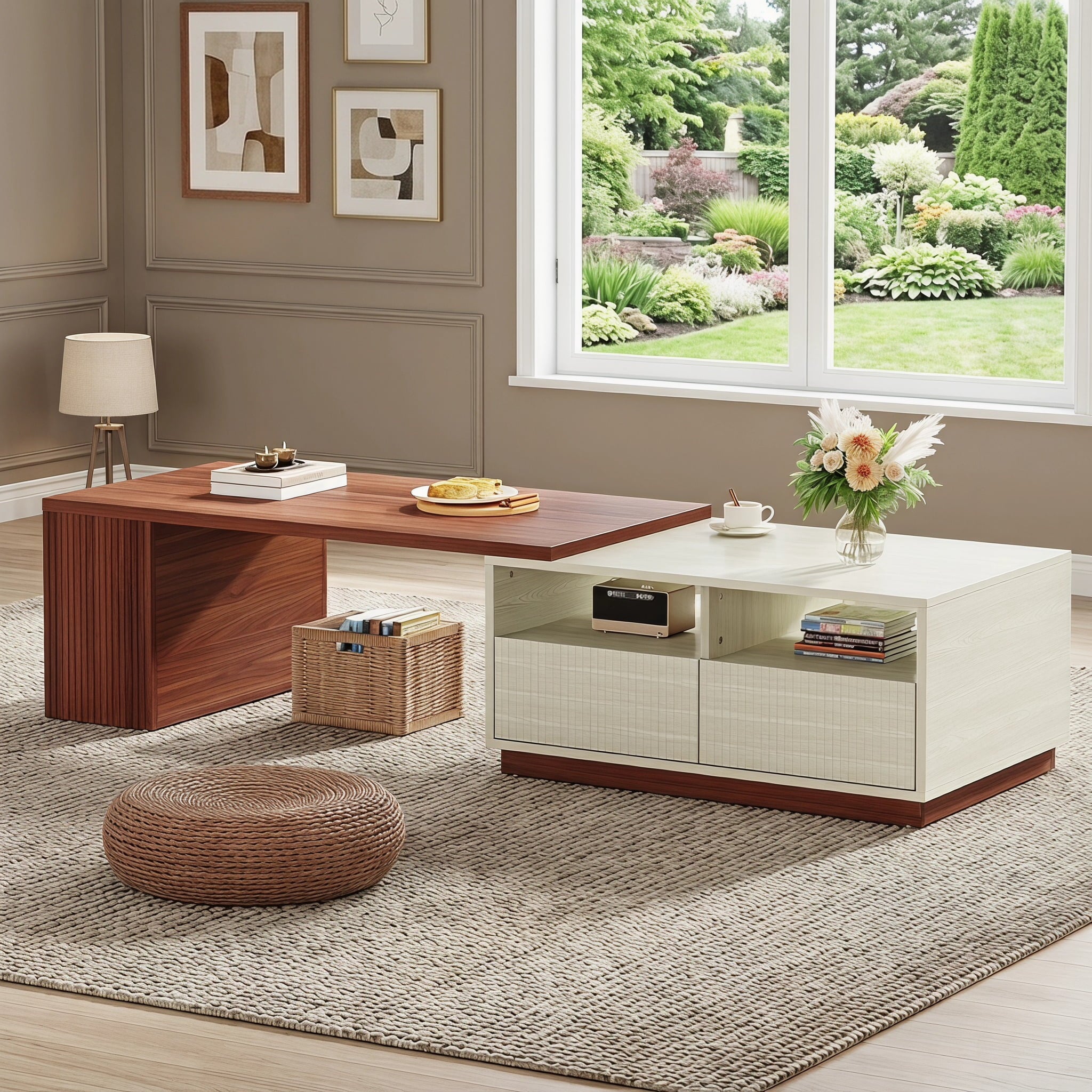Fnova Extendable Coffee Table with 2 Drawers & Storage Shelves, Reversible Multi-Functional Center Table for Living Room, Home Office Furniture, White & Walnut,WM010480_BNW_US