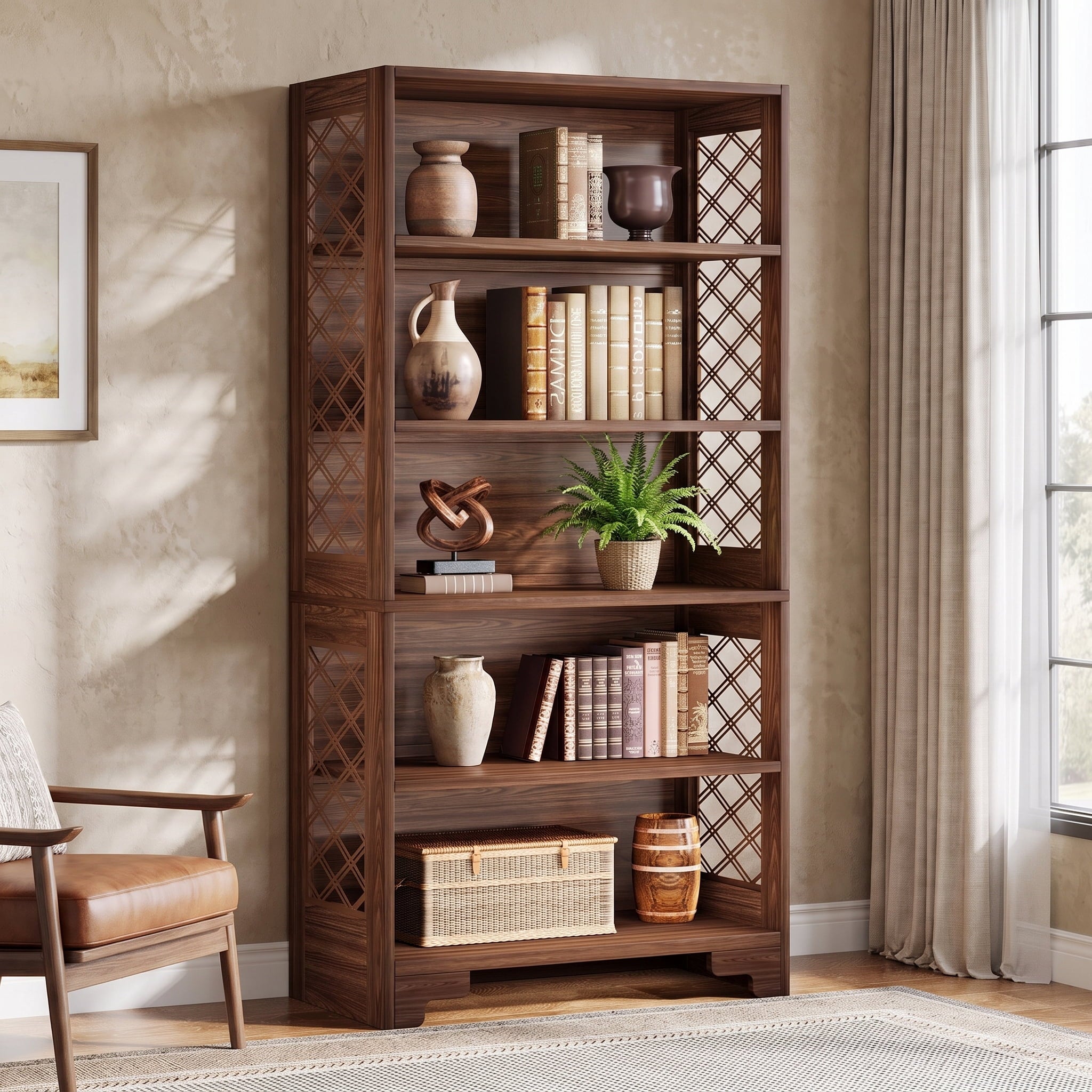 Fnova 71-Inch Tall Bookshelf, 6-Tier Freestanding Mid-Century Wood Bookcase with X-Shaped Side Panels for Living Room, Bedroom, Study Room,WM010541_BN_US