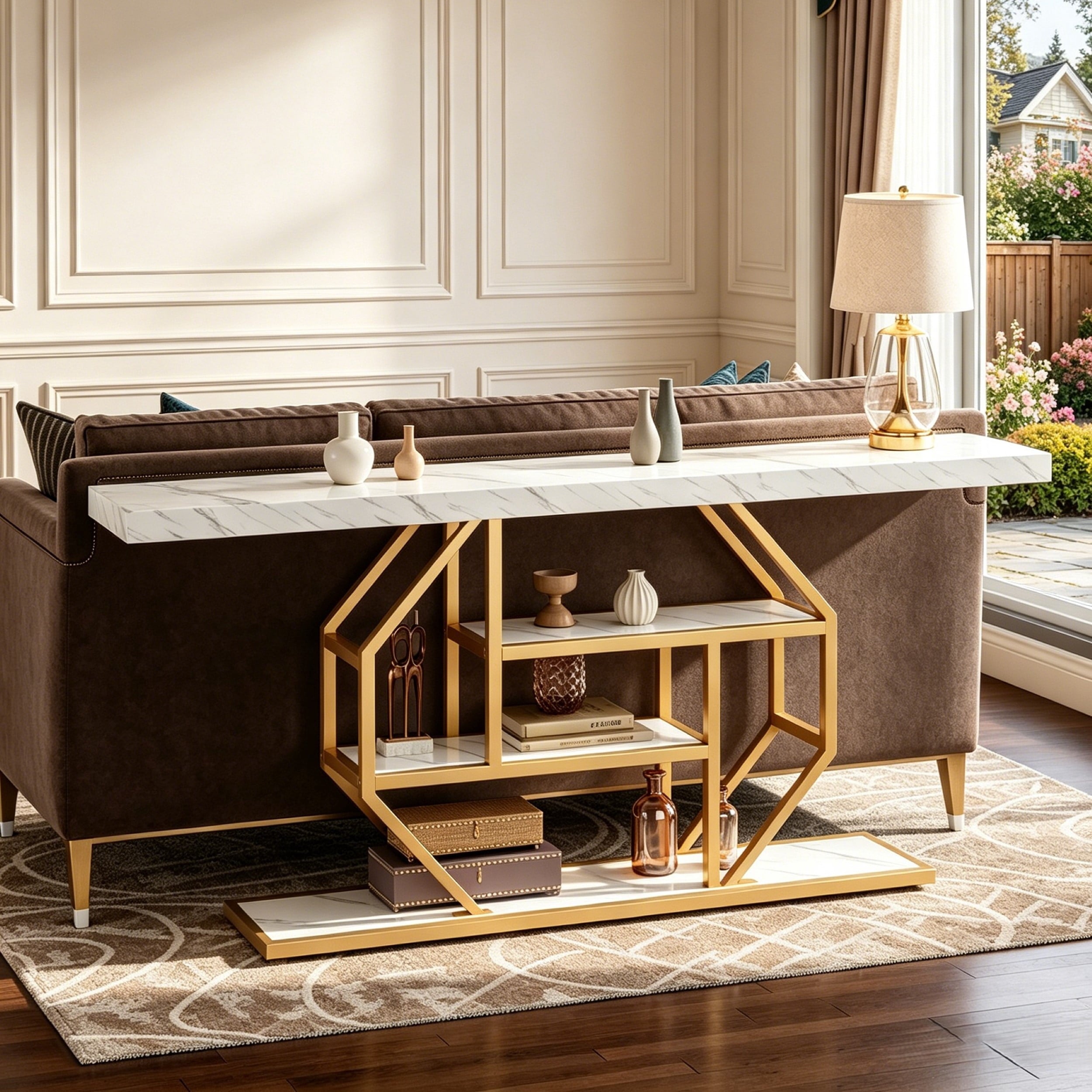 Fnova 70.9-Inch Modern Console Table, Gold & White Faux Marble Extra Long Entryway Table, 4-Tier Narrow Sofa Table for Living Room, Hallway, Entrance,WM010384_WG_US