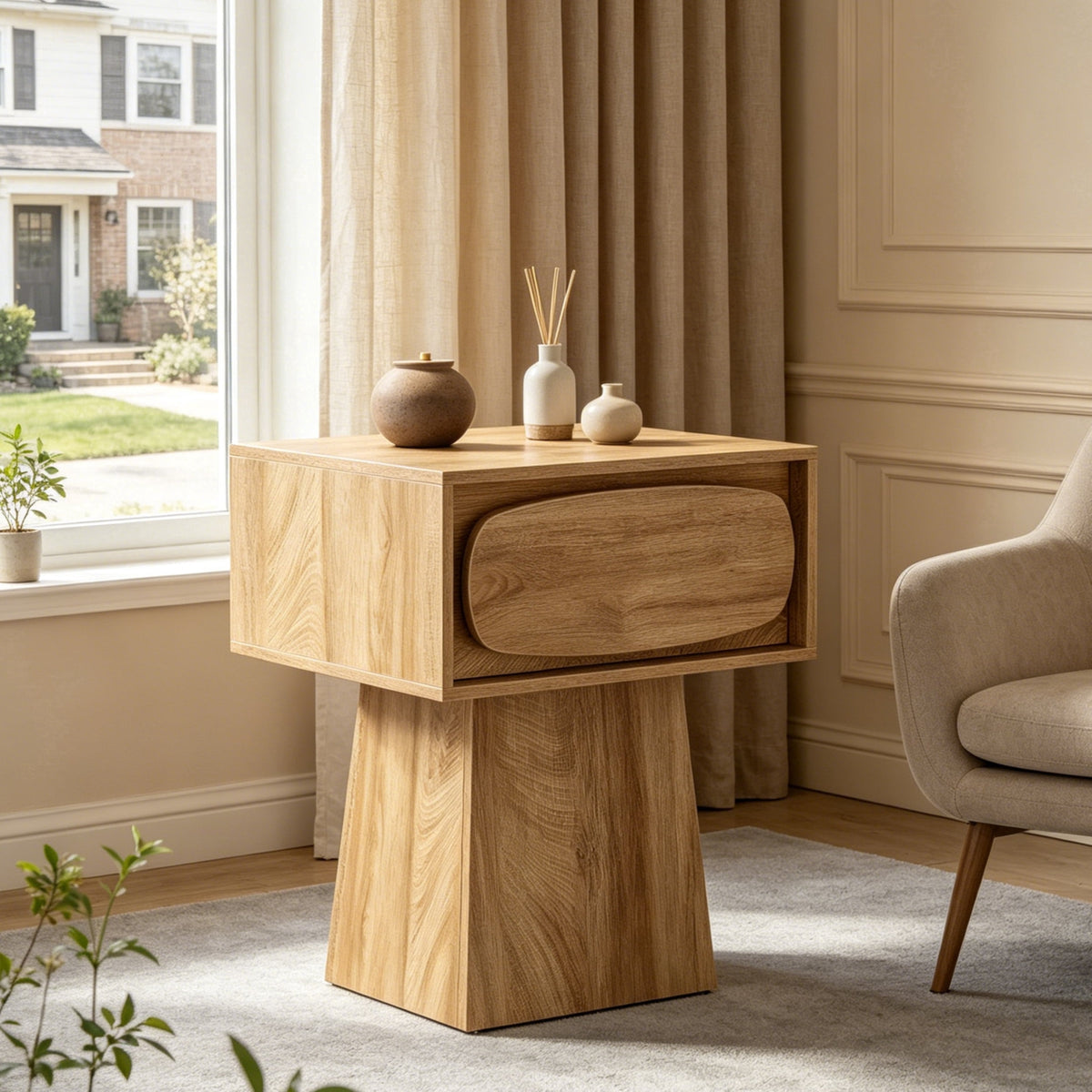 Fnova Farmhouse End Table, Wood Side Table with Drawer, Accent Side Table Nightstand with Anti-Tipping Device, Easy Assembly, for Living Room, Bedroom, Entryway, Small Space,WM010129_BN_US