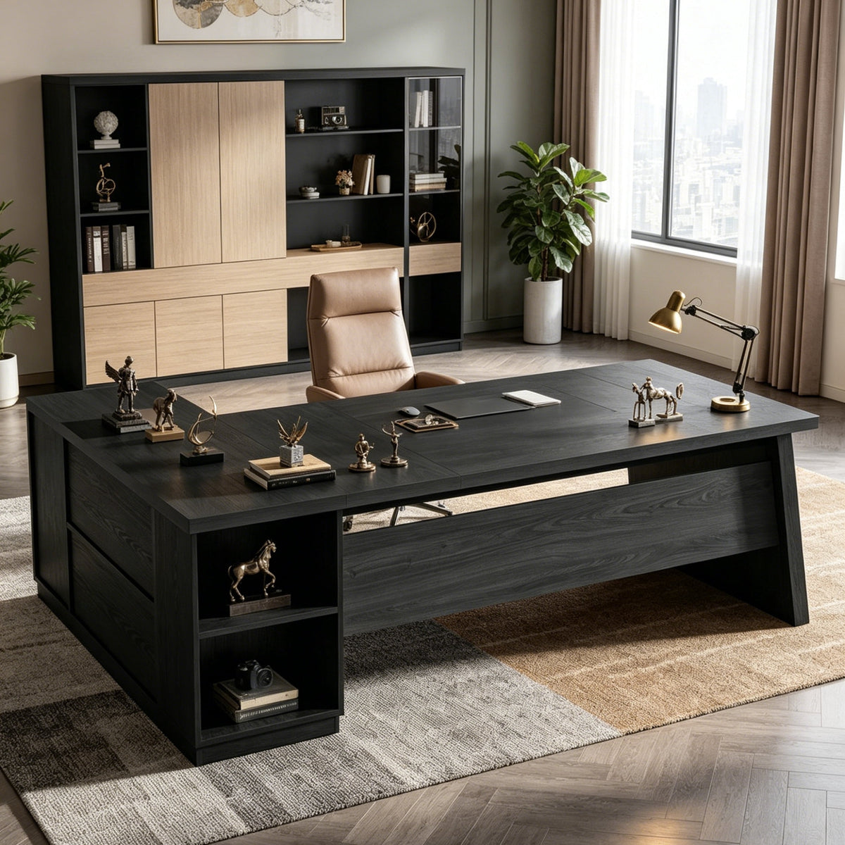 Fnova 77-Inch Large L-Shaped Executive Office Desk with File Drawers and Storage Shelves, Modern Computer Desk Writing Desk for Home Office,WM010430_B_US