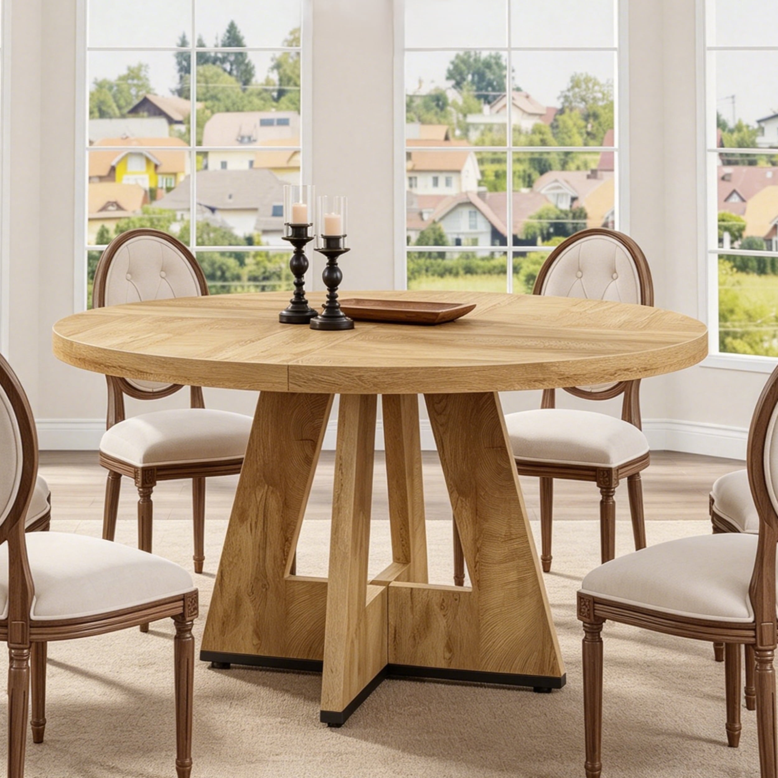 Fnova 47" Round Dining Table for 4 People, Modern Farmhouse Wooden Kitchen Table for Living Room, Dining Room(Chairs Not Included),Light Brown