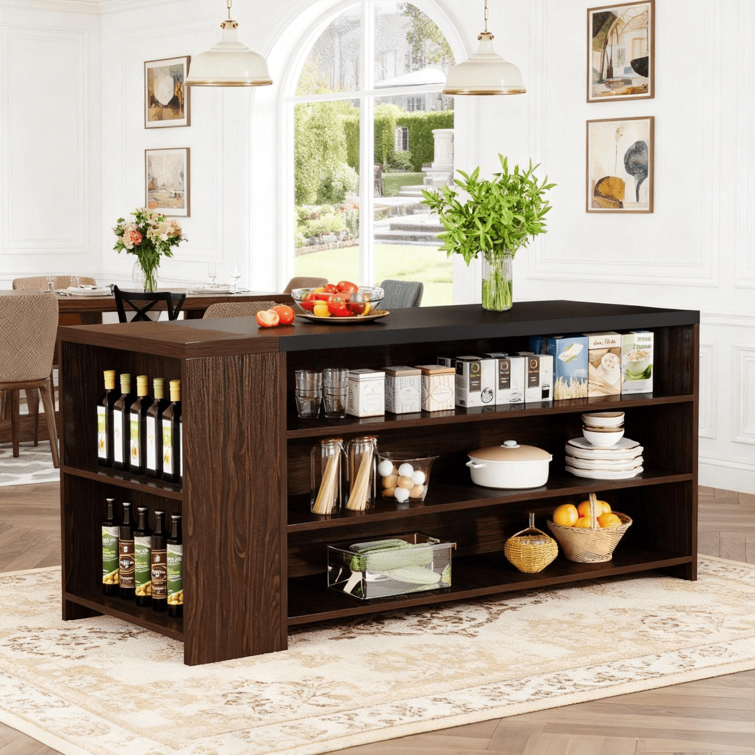 Fnova 55.12" Modern Kitchen Island with 5-Tier Open Shelves, Kitchen Prep Island Workstation, Thickened Waterproof Scratch-Resistant Tabletop, for Kitchen, Dining Room, Living Room, Easy Assembly,Black