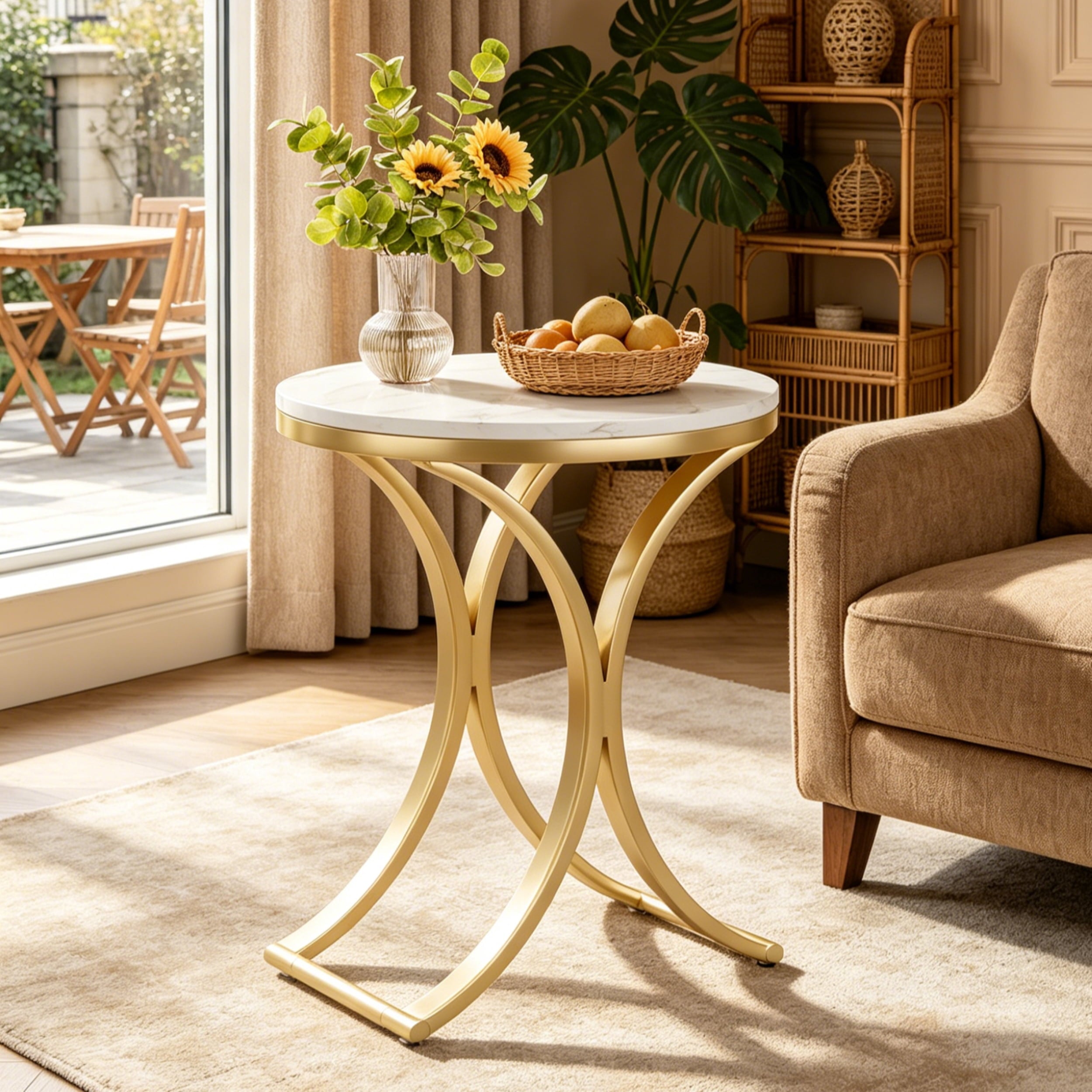 Fnova Modern Round Side Table, End Table Nightstand Accent Table with Faux Marble Top and Gold Metal C-Legs, Easy Assembly, for Living Room, Bedroom, Entryway, Small Space,0