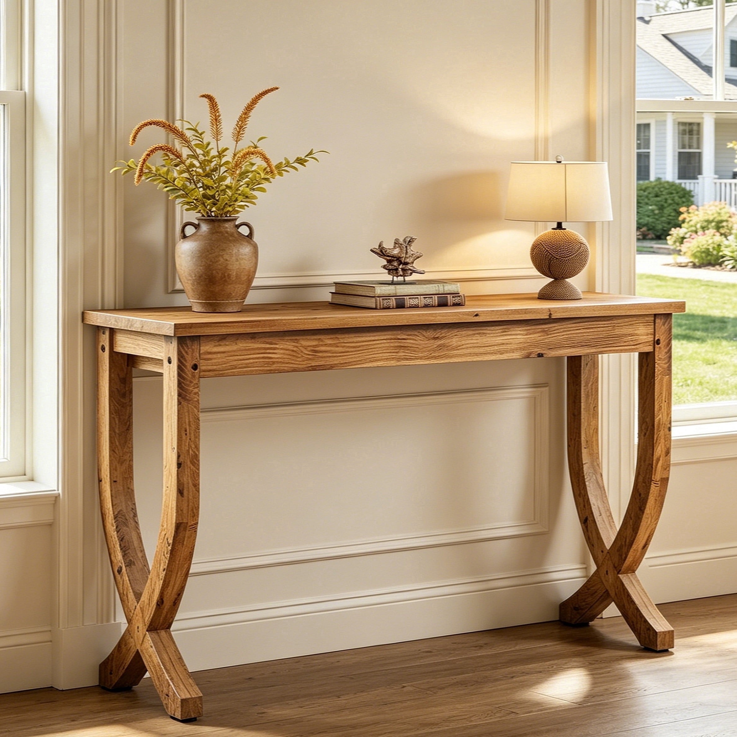 Fnova 63" Console Table, Long Farmhouse Entryway Table, Solid Wood Sofa Table with X-Shaped Legs for Living Room, Entrance, Foyer,Brown