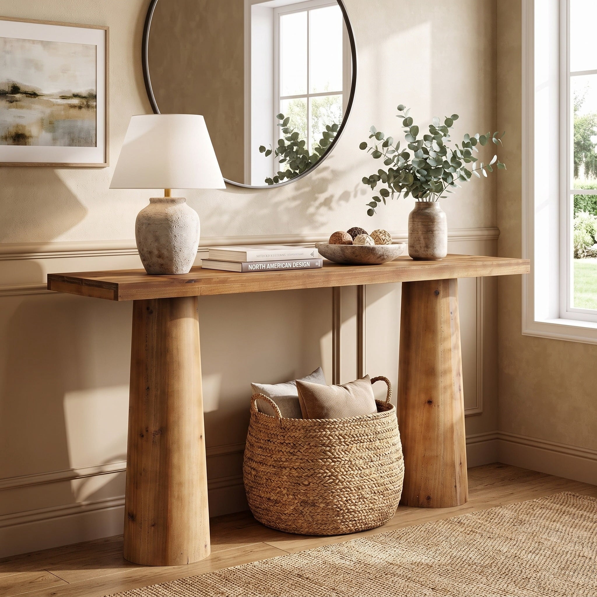 Fnova 63-Inch Solid Wood Farmhouse Console Table, Cylindrical Legs Entryway Table, Rectangular Long Narrow Sofa Table for Living Room, Hallway, Foyer,WM010926_BN_US