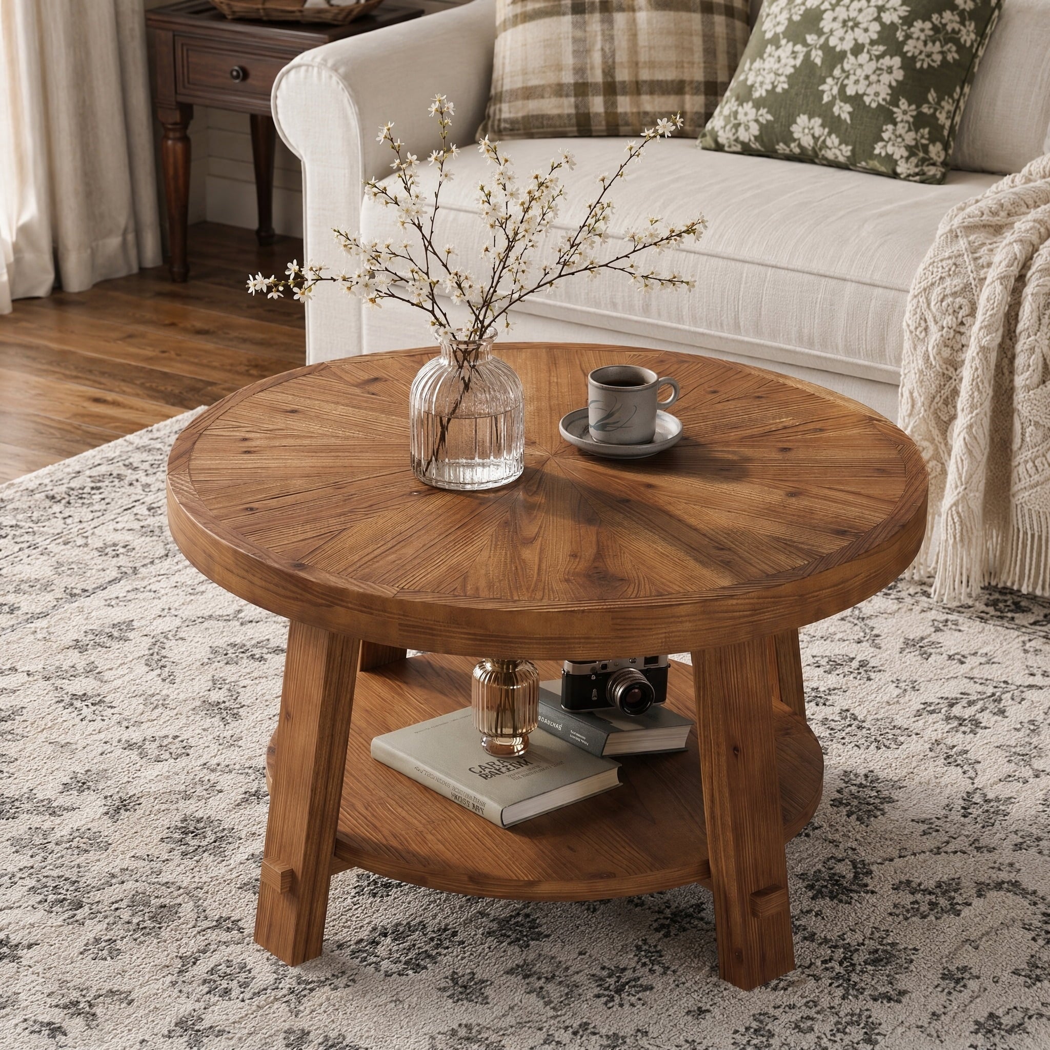 Fnova 2-Tier Round Coffee Table, Farmhouse Solid Wood Coffee Table with Storage for Living Room, Easy Assembly, Rustic Brown