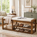 Fnova 2-Tier Solid Wood Bench with Removable Cushion, 55" Farmhouse Entryway Shoe Rack, Upholstered Bench for Hallway, Brown