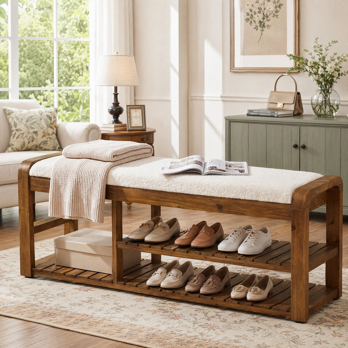 Fnova 2-Tier Solid Wood Bench with Removable Cushion, 55" Farmhouse Entryway Shoe Rack, Upholstered Bench for Hallway, Brown