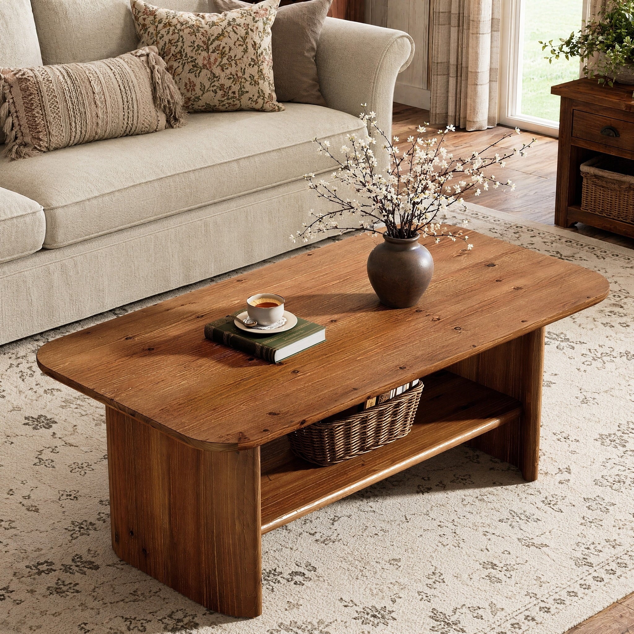 Fnova 2-Tier Solid Wood Coffee Table for Living Room, 47" Rectangle Center Furniture with Storage Shelf, Brown