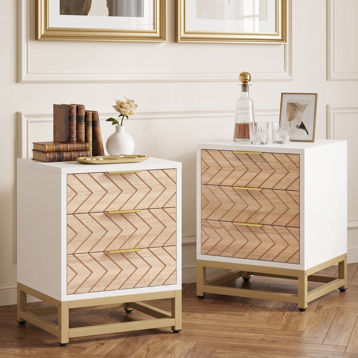 Fnova 3 Drawer Nightstand Set of 2, Modern White and Gold Bedside Tables with Chevron Pattern, Metal Legs, Storage End Tables for Bedroom, Living Room, Apartment