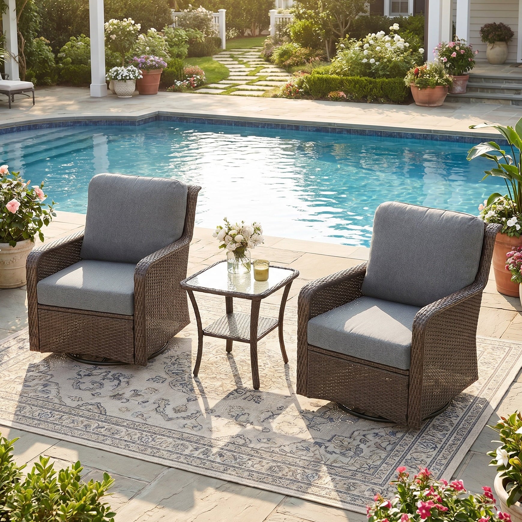 Fnova 3-Piece Luxury Outdoor Swivel Wicker Conversation Set, 2X 360¡ã Patio Chairs with 5.5" Thick Olefin Cushions + 1 Handwoven PE Rattan Side Table, for Porch/Deck/Backyard, Brown/Gray