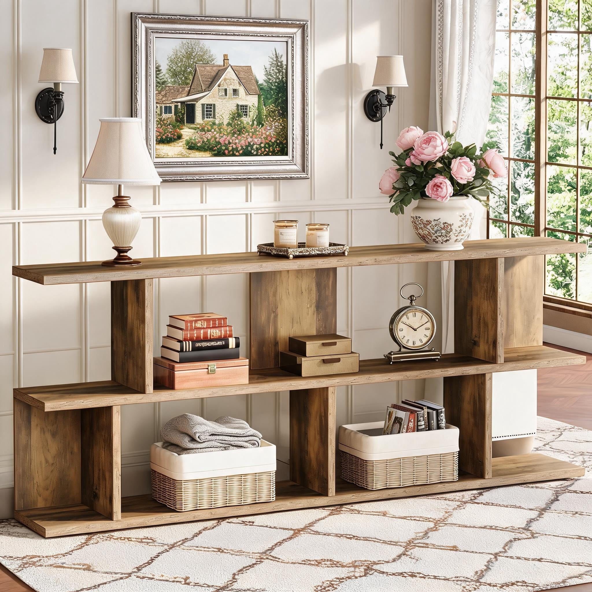 Fnova 3-Tier Farmhouse Console Table, 71" Extra Long Sofa Table Behind Couch for Living Room, Hallway, Foyer, Brown