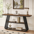 Fnova 3-Tier Industrial Console Table with Shelves & Iron Frame, 55" Entry Table for Living Room, Brown
