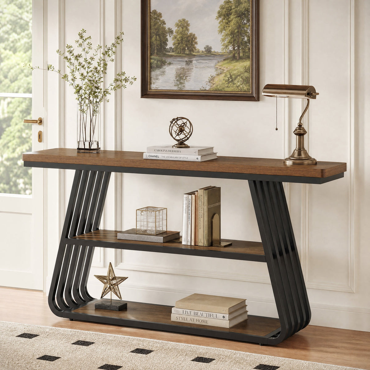 Fnova 3-Tier Industrial Console Table with Shelves & Iron Frame, 55" Entry Table for Living Room, Brown