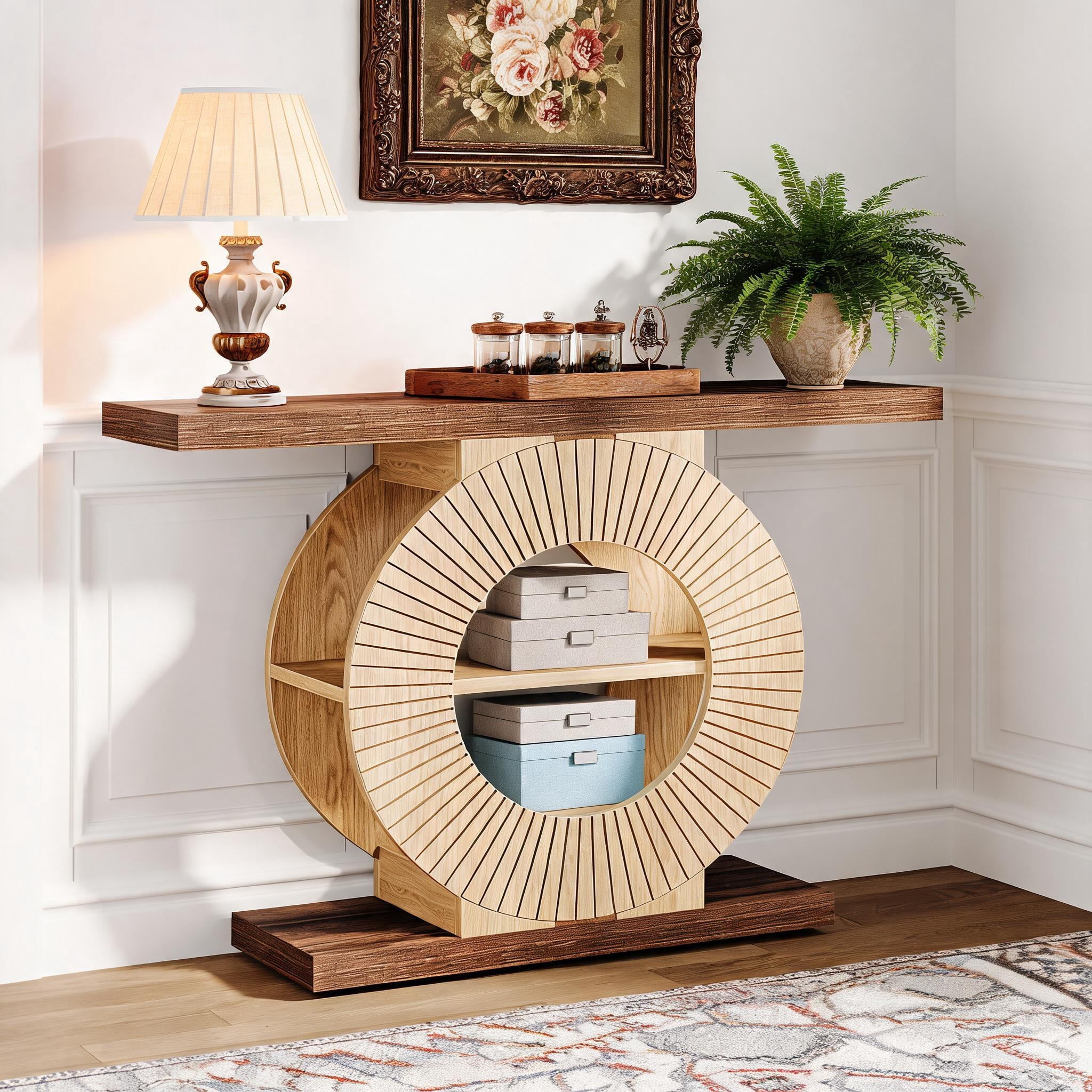 Fnova 3-tier Console Table with Storage Shelves, Narrow Entryway Sofa Table with Circle Base for Living Room Hallway, Brown & Walnut