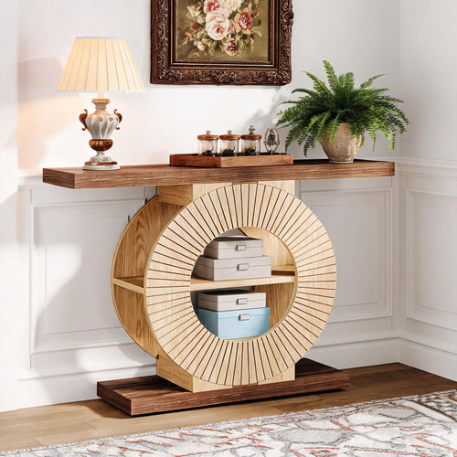 Fnova 3-tier Console Table with Storage Shelves, Narrow Entryway Sofa Table with Circle Base for Living Room Hallway, Brown & Walnut