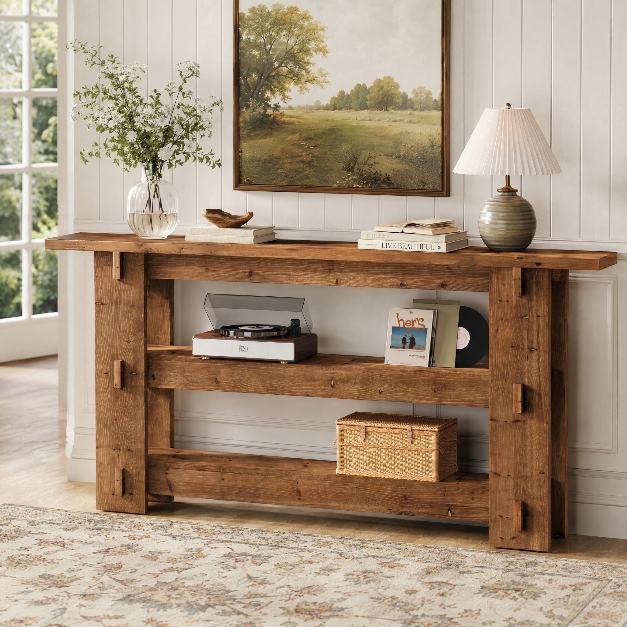 Fnova 3-tier Solid Wood Console Table, 63" Farmhouse Sofa Table for Living Room, Hallway, Foyer, Rustic Brown