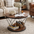 Fnova 31.5" 2-Tier Solid Wood Round Coffee Table, Industrial Circle Center Table for Living Room, Brown & Black