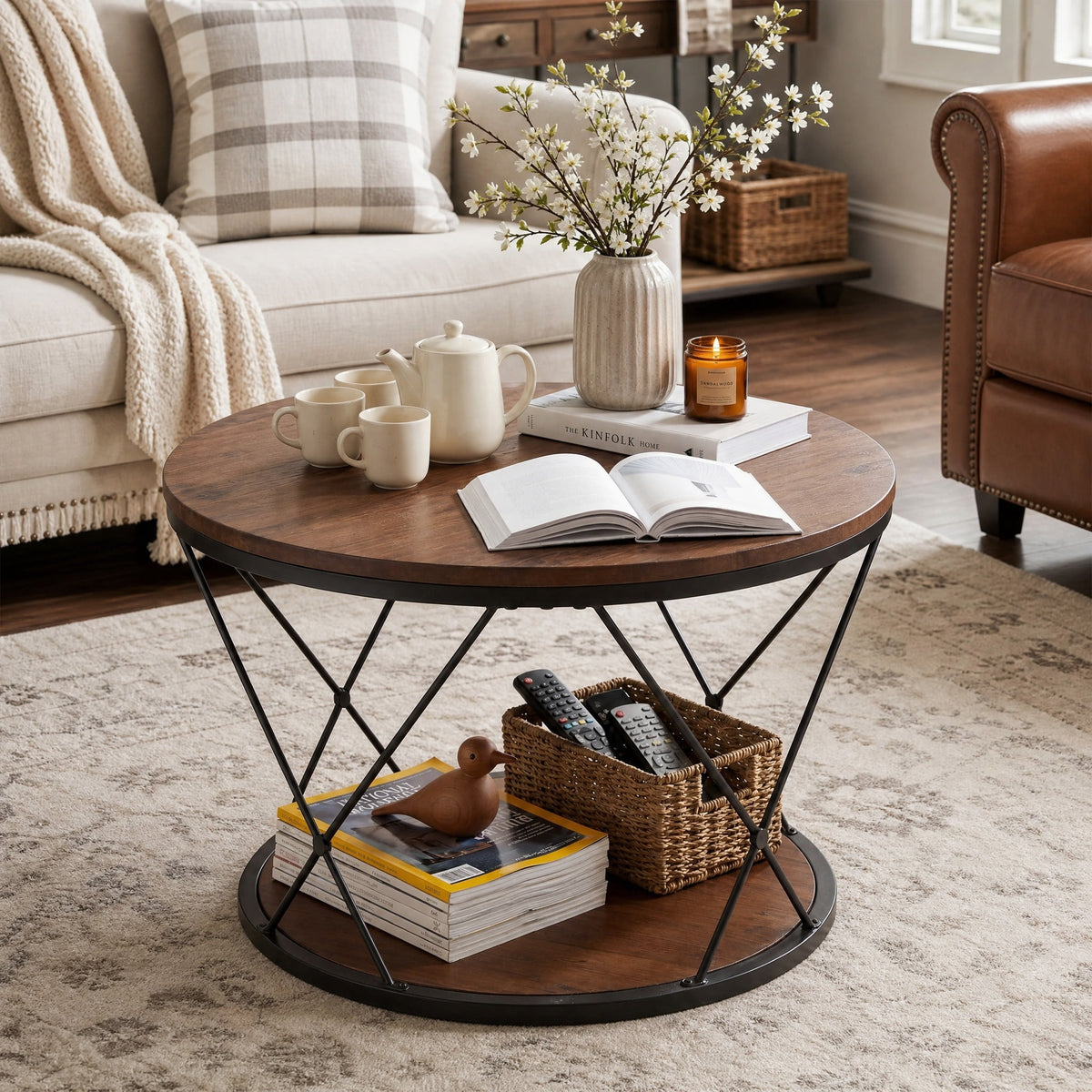 Fnova 31.5" 2-Tier Solid Wood Round Coffee Table, Industrial Circle Center Table for Living Room, Brown & Black