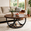 Fnova 31.5 Inch Round Coffee Table with Storage Shelf, 2-Tier Rustic Brown Center Table with Metal Frame for Living Room
