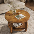 Fnova 31.5" Round Coffee Table, 2-Tier Solid Wood Center Table with Storage for Living Room, Easy Assembly, Brown