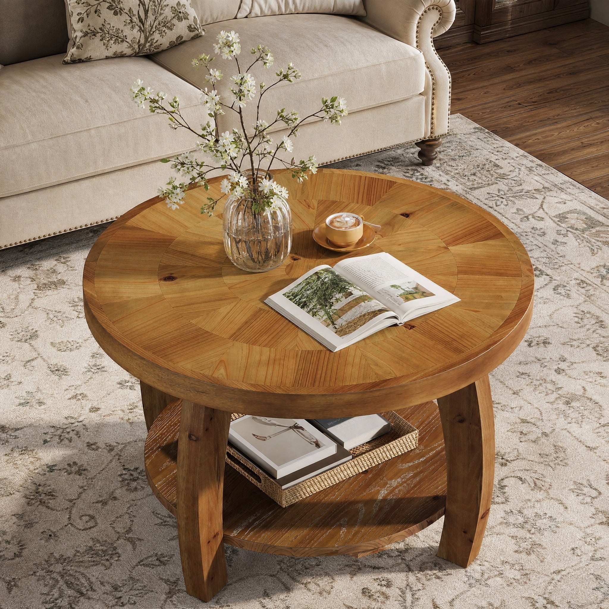 Fnova 31.5" Round Coffee Table, 2-Tier Solid Wood Center Table with Storage for Living Room, Easy Assembly, Brown