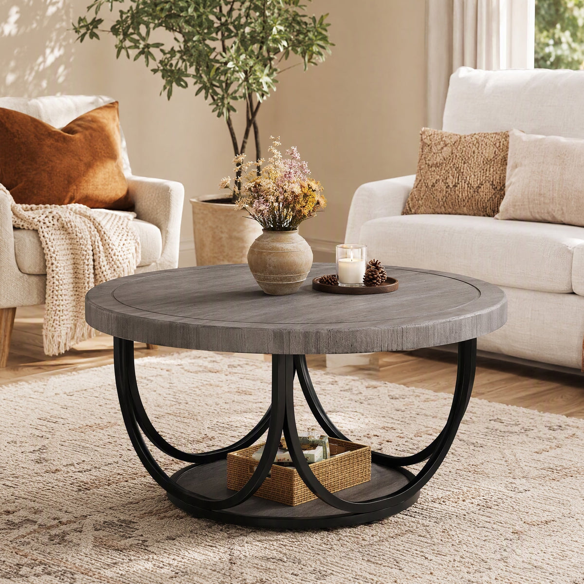 Fnova 31.5" Round Coffee Table with 2 Tiers, Wooden Circle Accent Cocktail Table with Storage Shelf and Metal Frame, Industrial Center Tables for Living Room, Gray