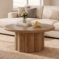 Fnova 31.5" Round Coffee Table, Farmhouse Center Table with Fluted Drum Base, Rustic Brown Wooden Coffee Table for Living Room, Apartment, Small Space