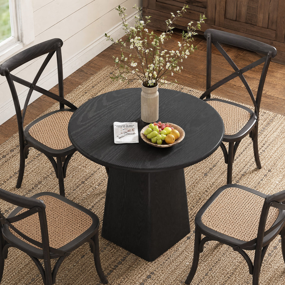 Fnova 31.5" Round Dining Room Table for 2-4 Person, Farmhouse Small Kitchen Dinner Table with Square Base for Dining Room Living Room, Black