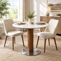 Fnova 31.5" Round Dining Table, Modern Bistro Table for 2-4 People, White Sintered Stone Top with Solid Wood Pedestal & Steel Base, Small Round Kitchen Table for Dining Room, Living Room, Cafe