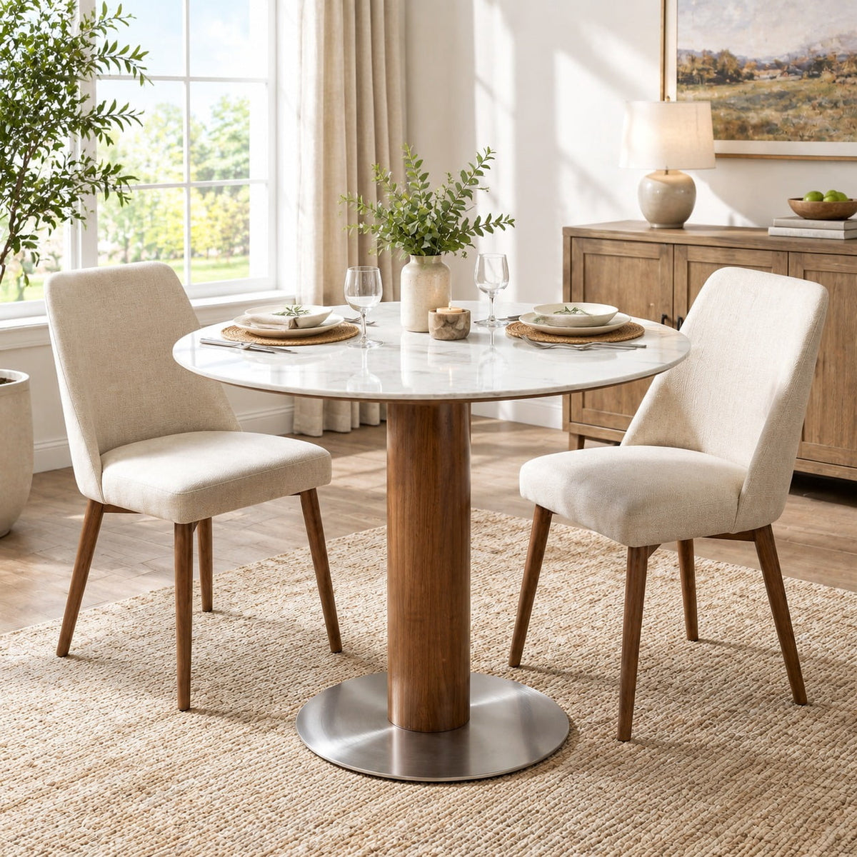 Fnova 31.5" Round Dining Table, Modern Bistro Table for 2-4 People, White Sintered Stone Top with Solid Wood Pedestal & Steel Base, Small Round Kitchen Table for Dining Room, Living Room, Cafe
