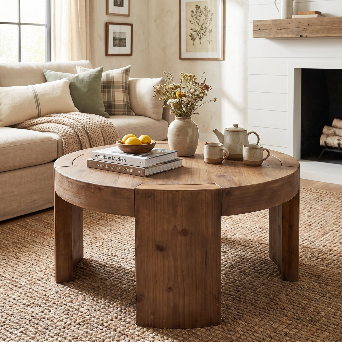 Fnova 31.5" Round Solid Wood Coffee Table, Farmhouse Center Table with Natural Wood Grain, Cocktail Tea Table for Living Room, Rustic Brown