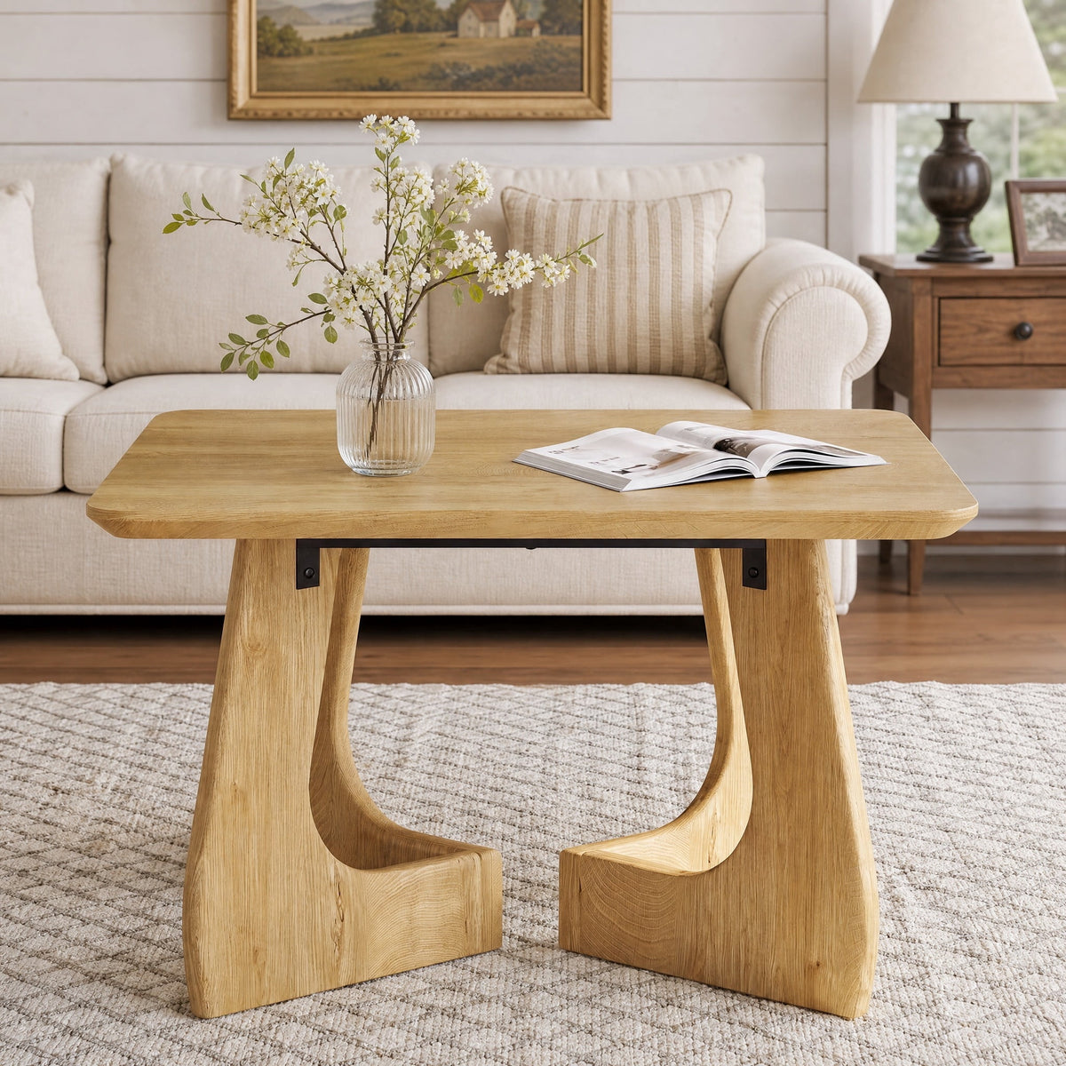 Fnova 31.5" Small Coffee Table with Unique Interlocking Leg Design, Mid-Century Center Table for Living Room, Bedroom, Brown