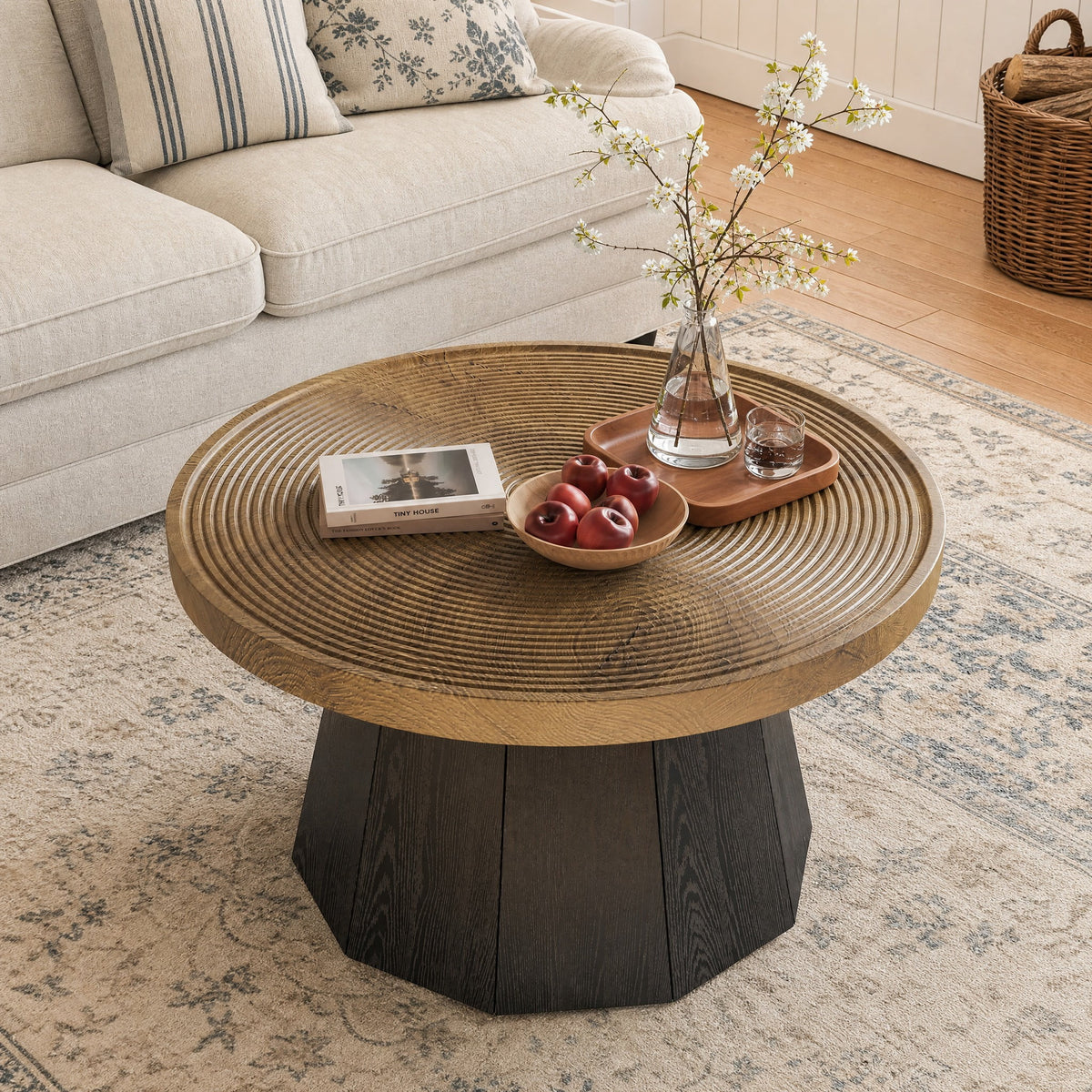 Fnova 31.5" Small Round Coffee Table, Farmhouse Center Table Wooden Tea Table for Living Room, Reception, Brown & Black