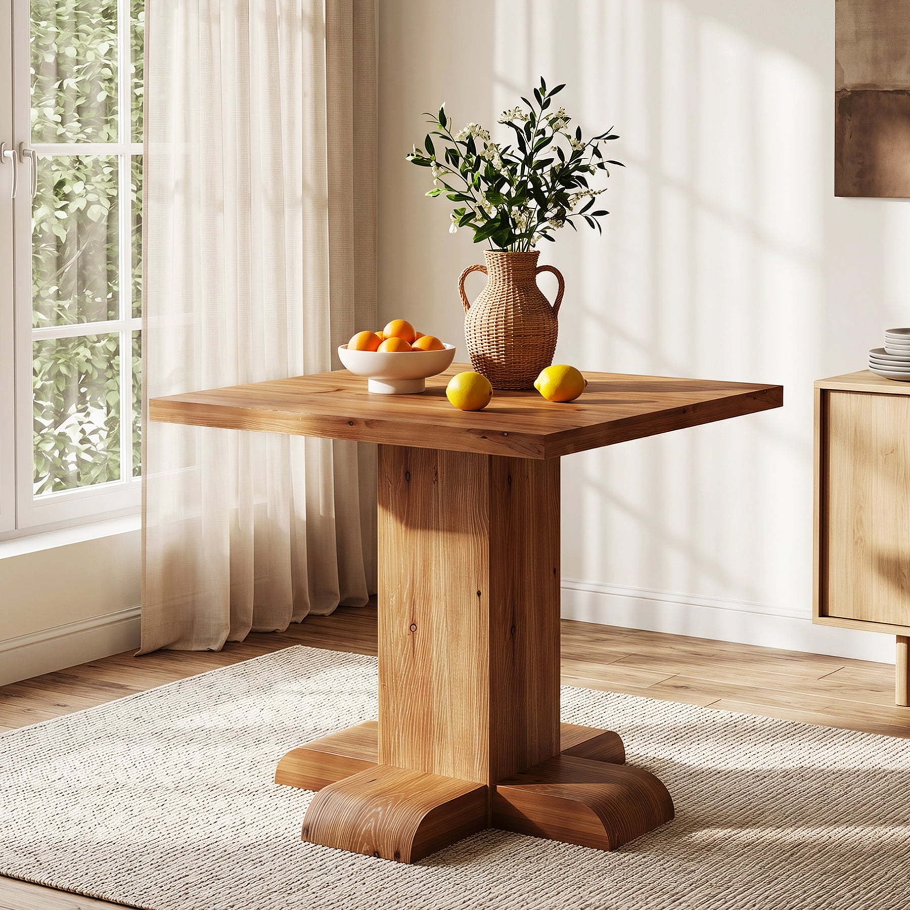 Fnova 31.5" Solid Wood Square Dining Table for 2-4 People, Farmhouse Kitchen Table with Pedestal Base, Natural Wood Finish