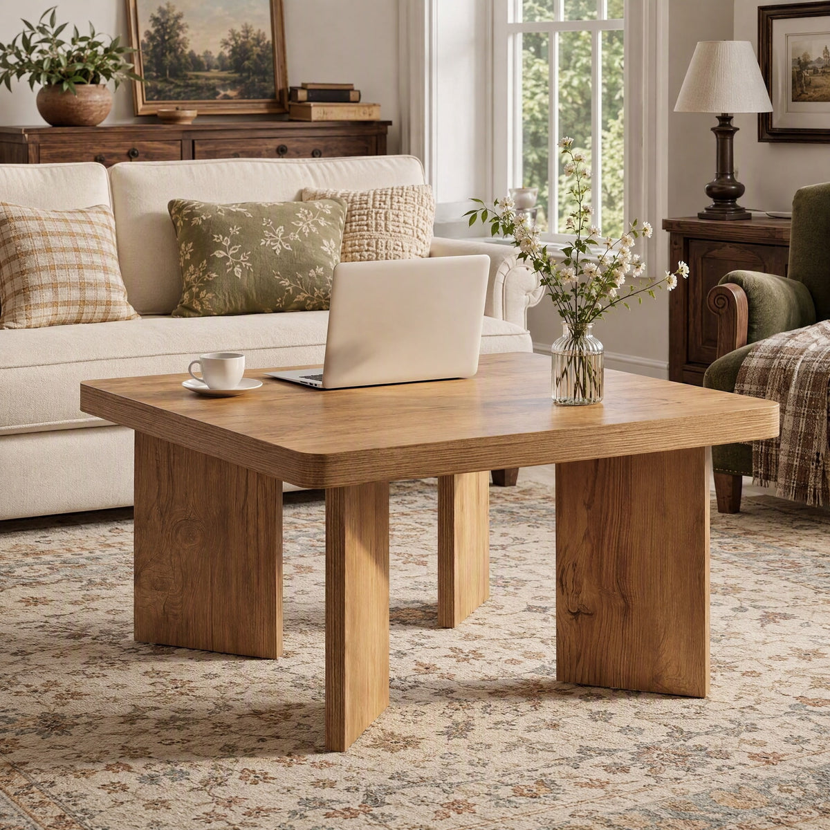 Fnova 31.5" Square Wood Coffee Table, Farmhouse Center Table with Thickened Tabletop for Living Room, Bedroom, Brown