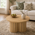 Fnova 31.5" Wooden Round Coffee Table with Three-lobed Grille Base, Farmhouse Center Table for Living Room, Natural