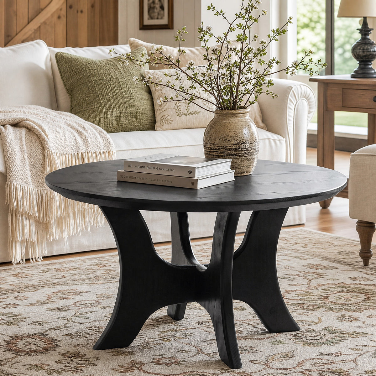 Fnova 31" Modern Round Coffee Table, Decorative Cross Base Wood Center Table for Living Room, Bedroom, Black