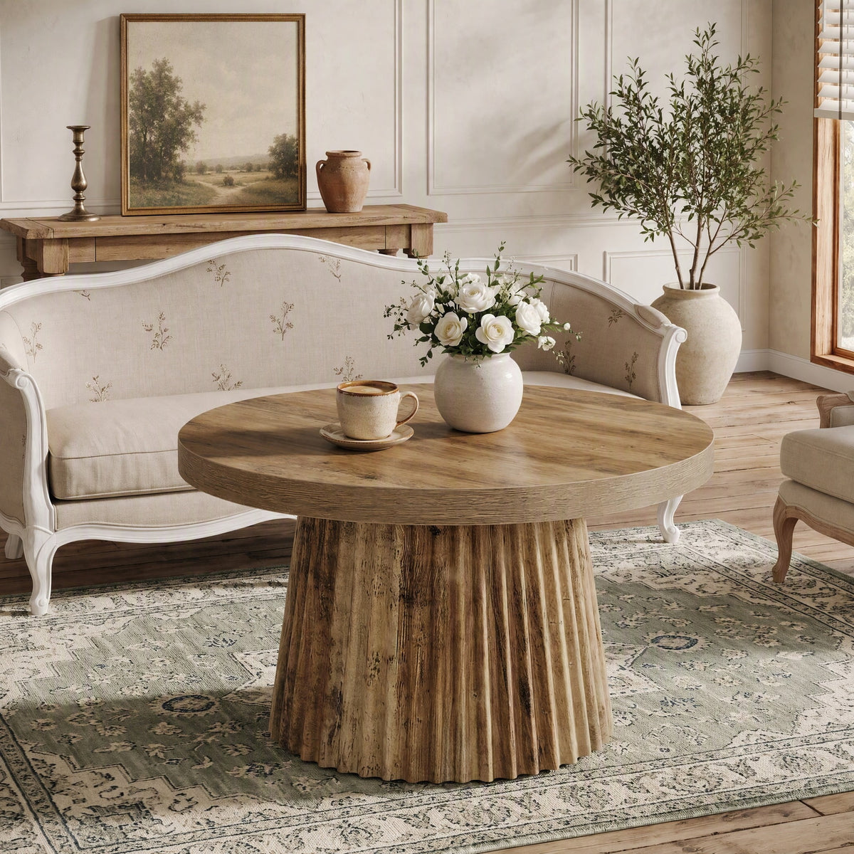 Fnova 31" Round Coffee Table, Modern Fluted Drum Farmhouse Center Table, Brown Wood Pedestal Accent Table for Living Room, Apartment, Small Space
