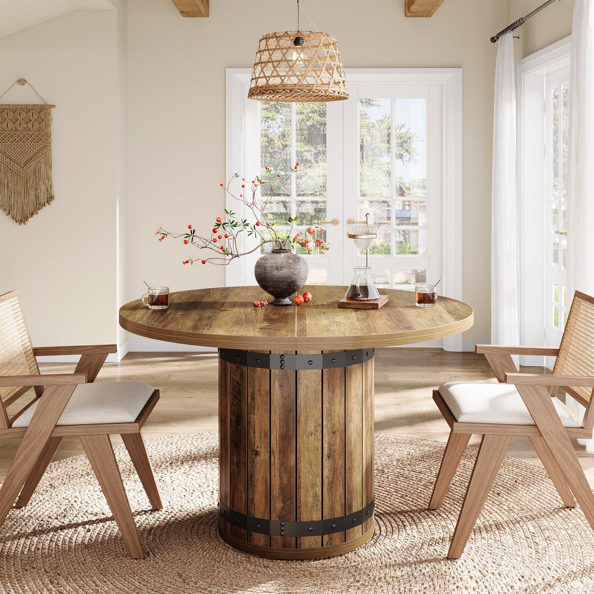 Fnova 39.37" Round Dining Table for 4 Person, Farmhouse Kitchen Table with Fence Pedestal Base for Kitchen, Dining Room, Living Room, Rustic Brown (Chairs Not Included)